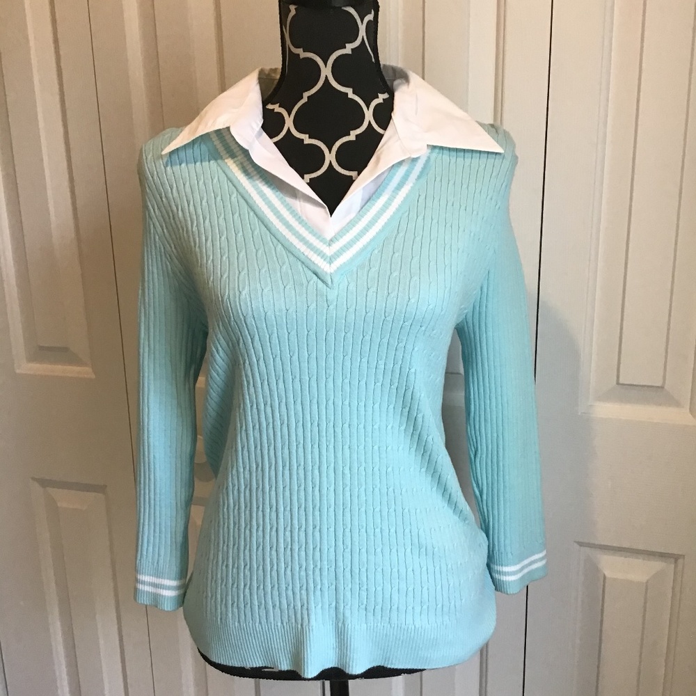 Faded Glory Mint Green Cable Knit V-Neck Sweater with White Trim
